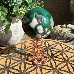 Green flower agate Crystal Sphere on Rose Gold Stand